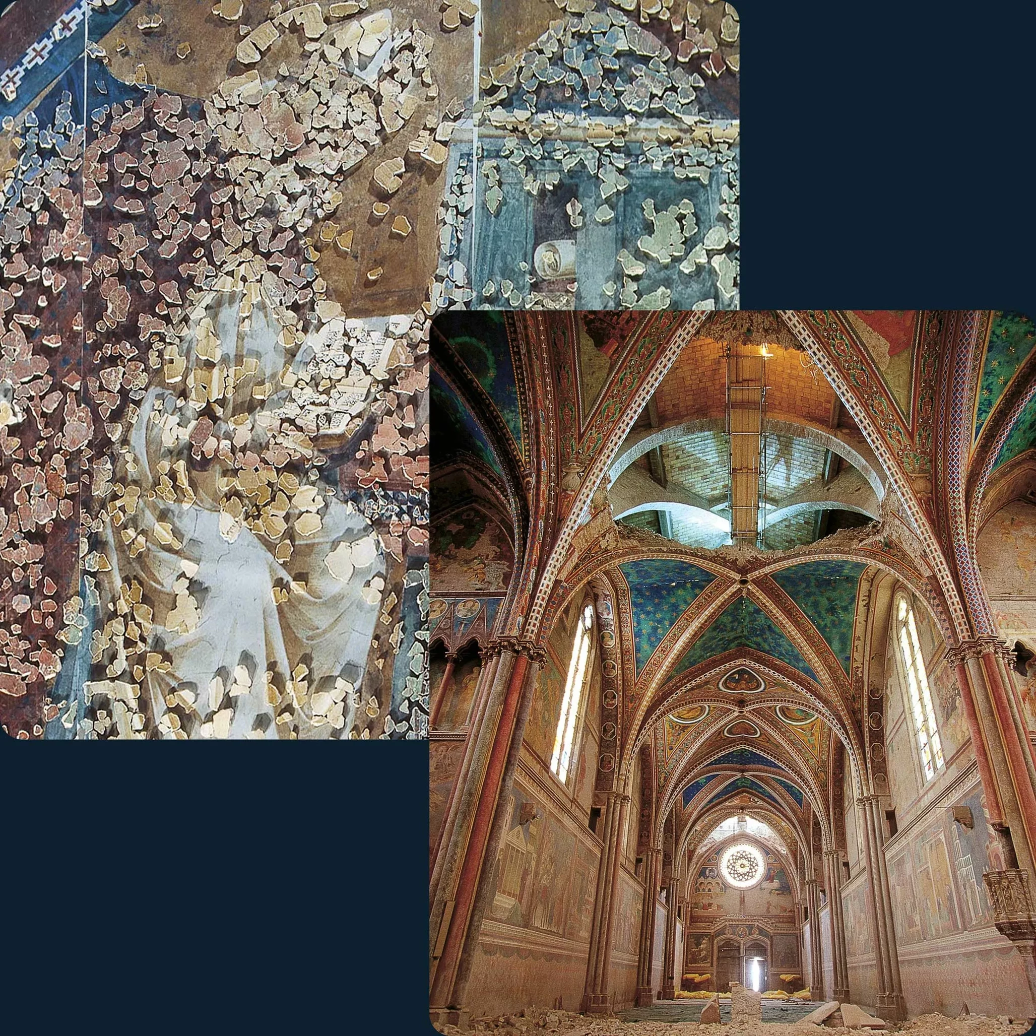 Vergleich zwischen wieder zusammengesetzten Freskenfragmenten und den Gewölben der Oberkirche.