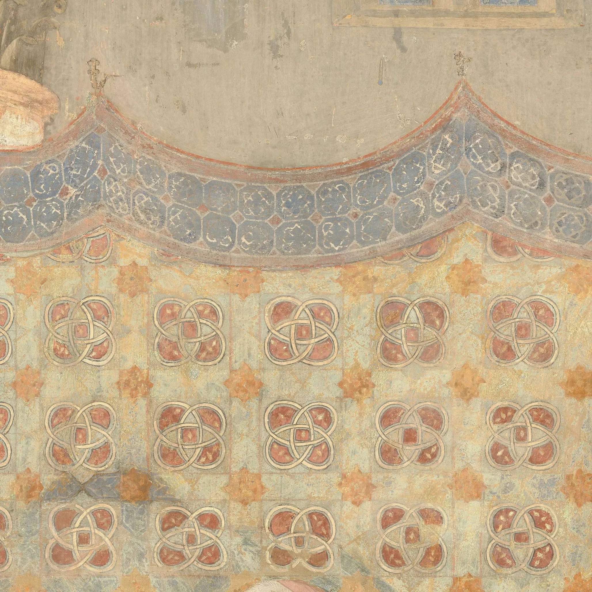 Textile wall covering with coloured circular patterns in the Sermon before Honorius III.