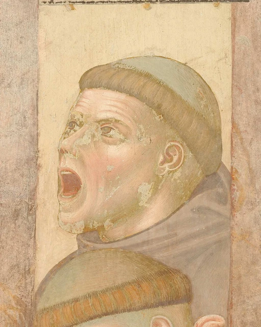 A tonsured friar sings in profile in the Nativity at Greccio.