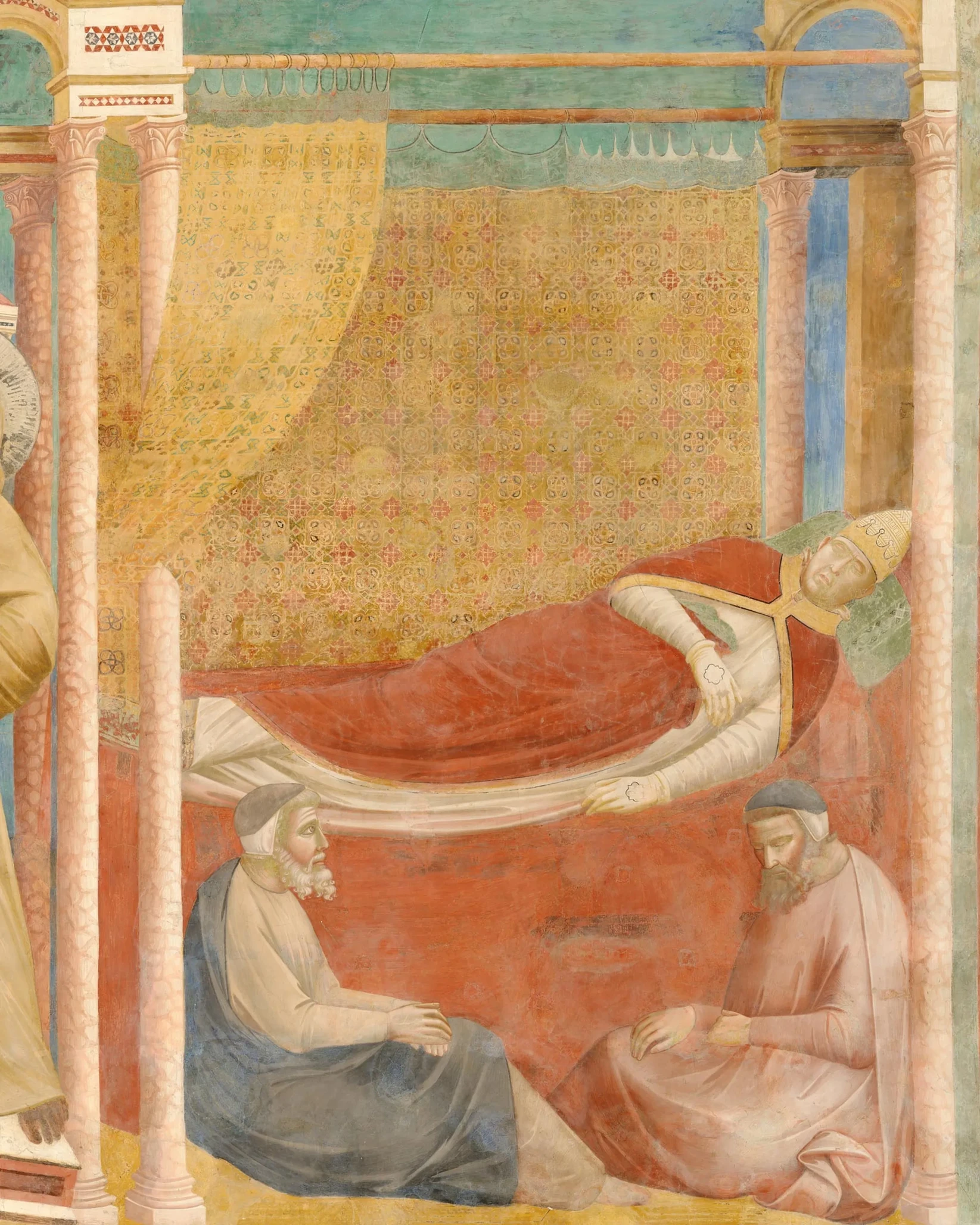 Innocent III’s bed, covered in red fabric, is enclosed by patterned curtains and columns.