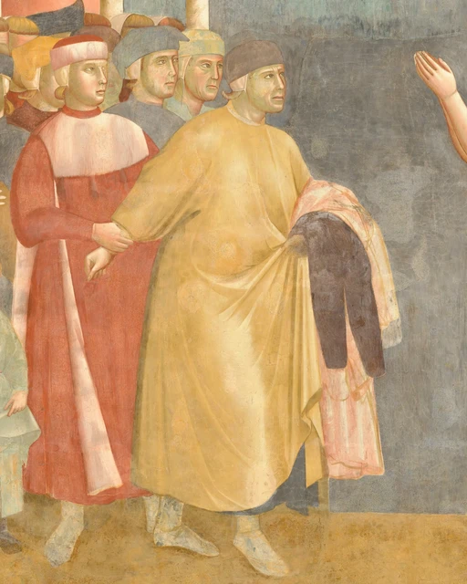 Francis’s father steps forward while a man behind him restrains his arm.