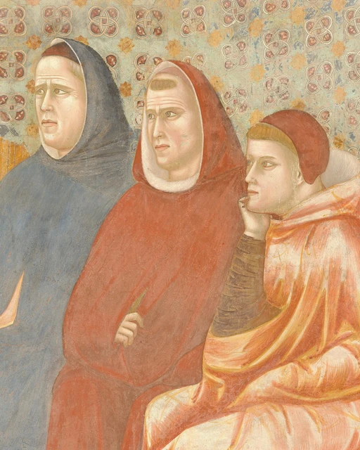 Three clerics listen: one holds his chin while the others look towards Francis.
