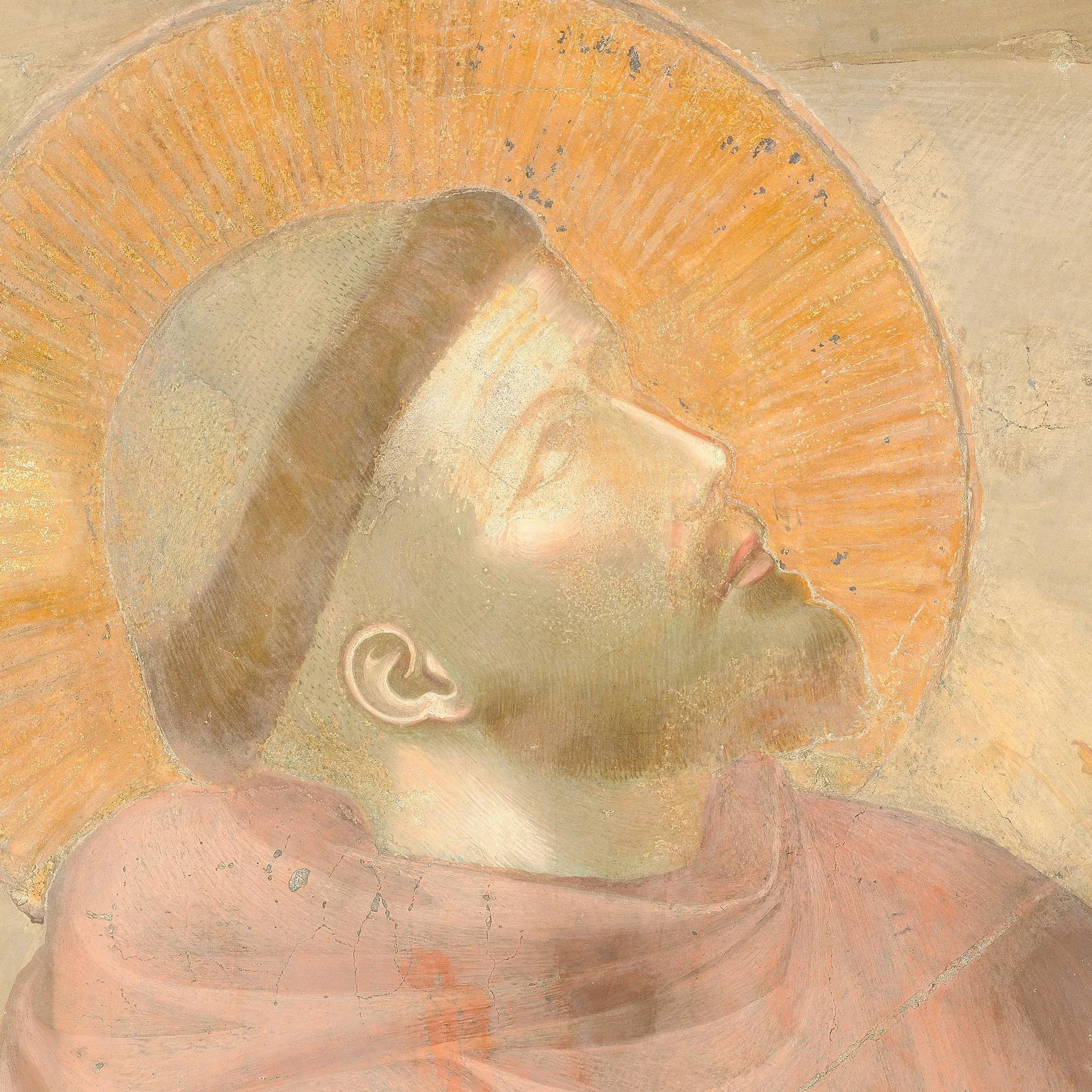 Francis’s haloed face, eyes turned upwards in the scene of the Stigmata.