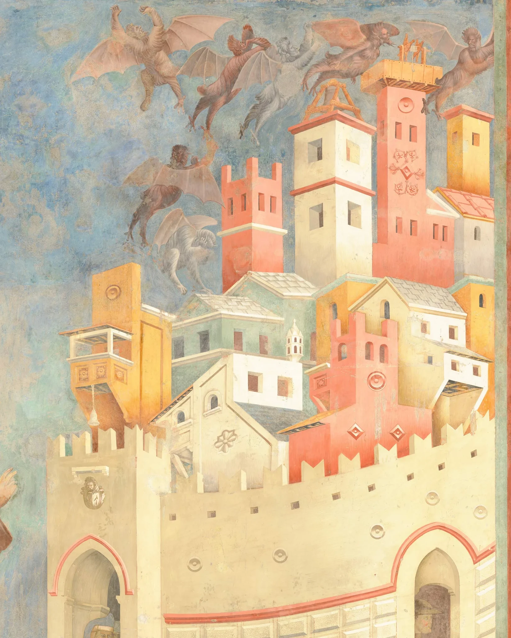 Crenellated walls, towers and colourful houses of Arezzo, with demons fleeing above the city.