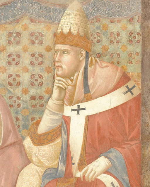 Honorius III listens with his chin resting on his hand during Francis’s sermon.