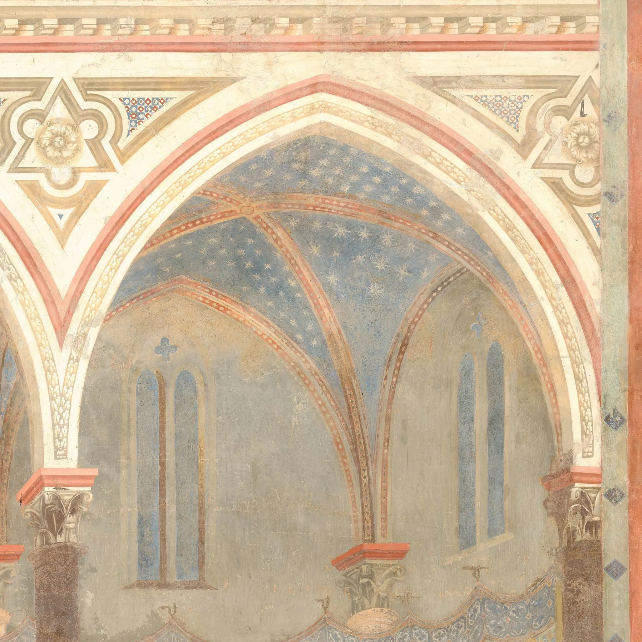 Blue ribbed vaults, decorated ribs and windows in the Sermon before Honorius III.