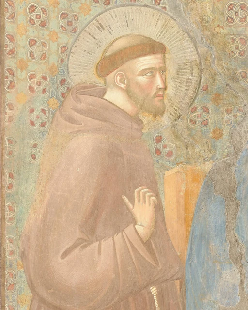 Francis, in profile, speaks with one hand raised before his chest.
