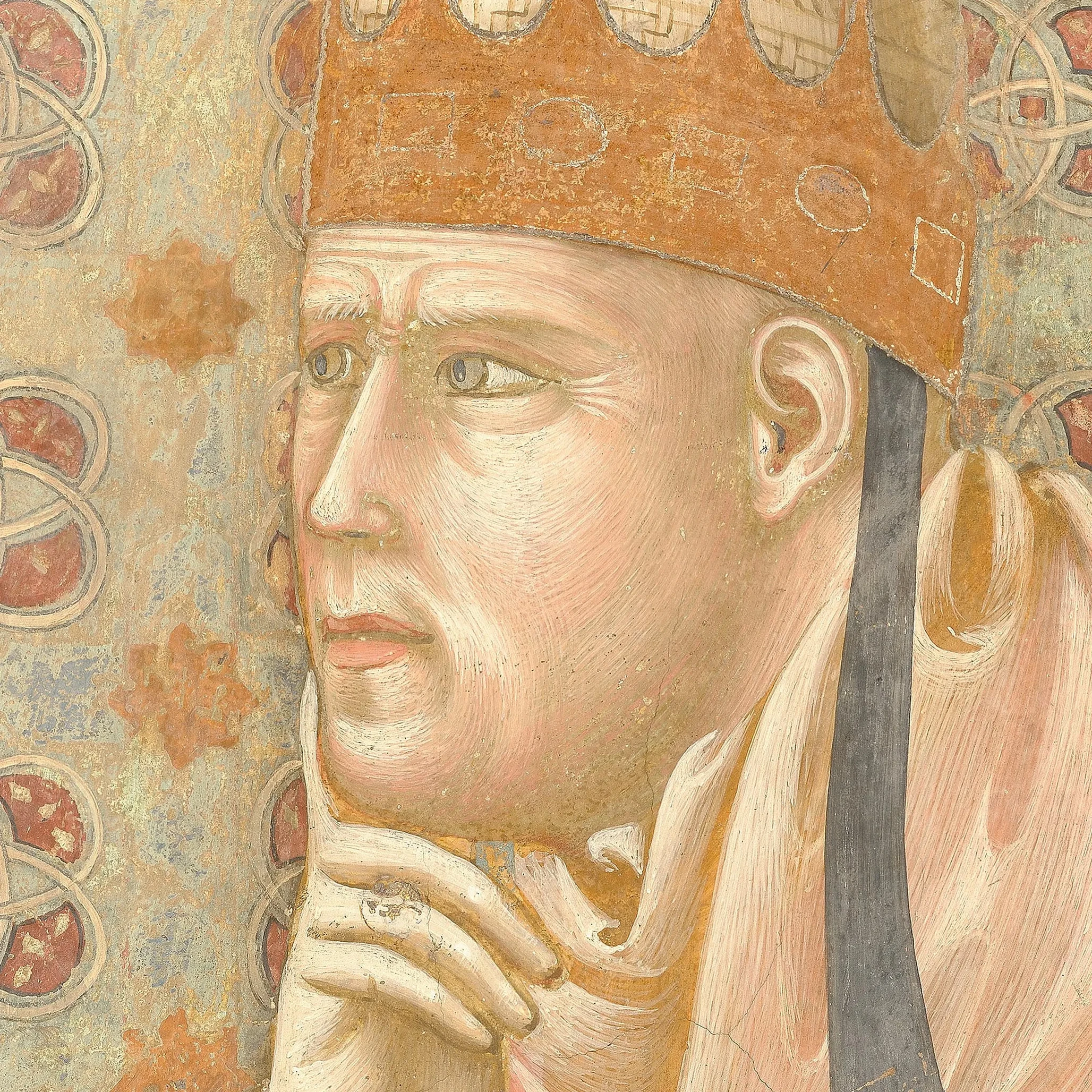 Face of Honorius III: he watches the sermon with his fingers supporting his chin.