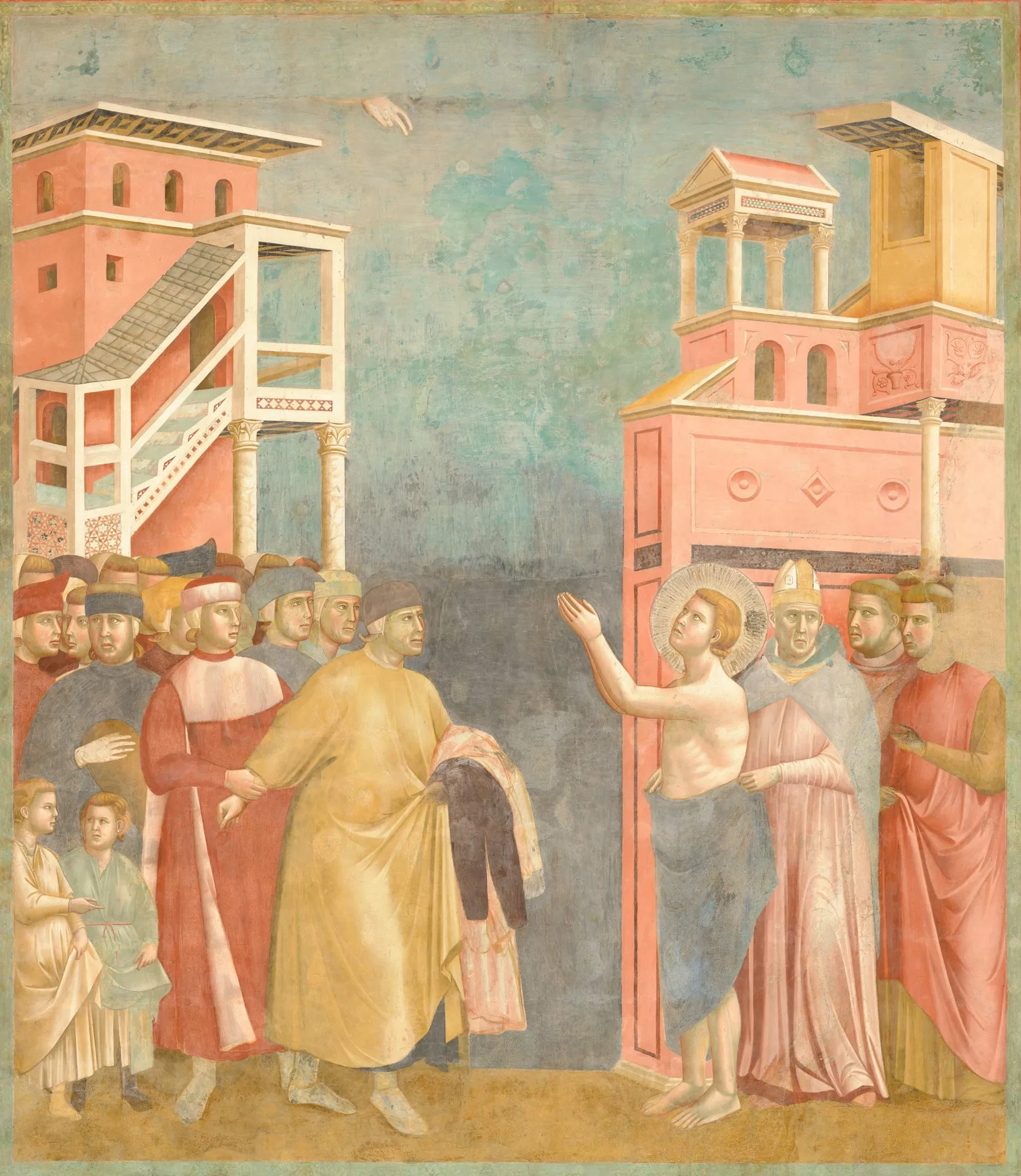 In the Renunciation of Worldly Goods, buildings separate the father’s group from Francis and the bishop.