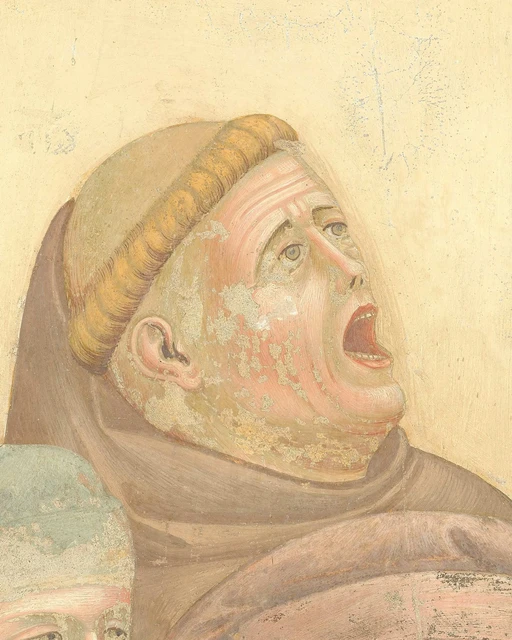 In the Nativity at Greccio, a friar lifts his head and sings with his mouth open.