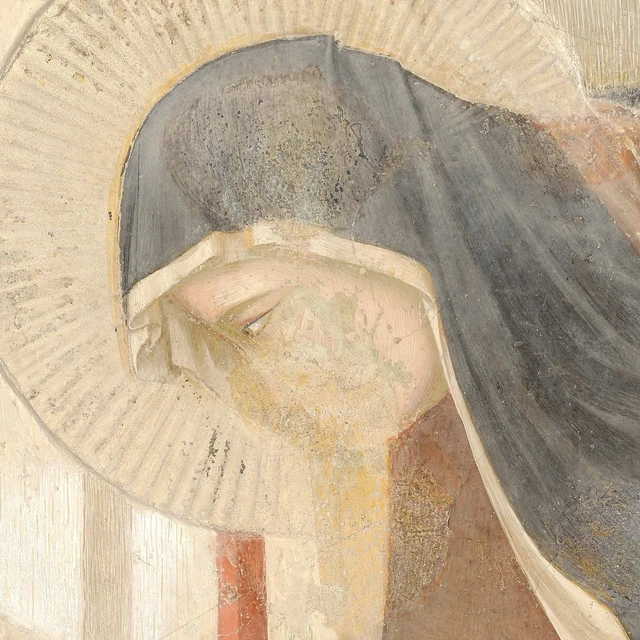 A Poor Clare with a halo and dark veil bows her head towards Francis.