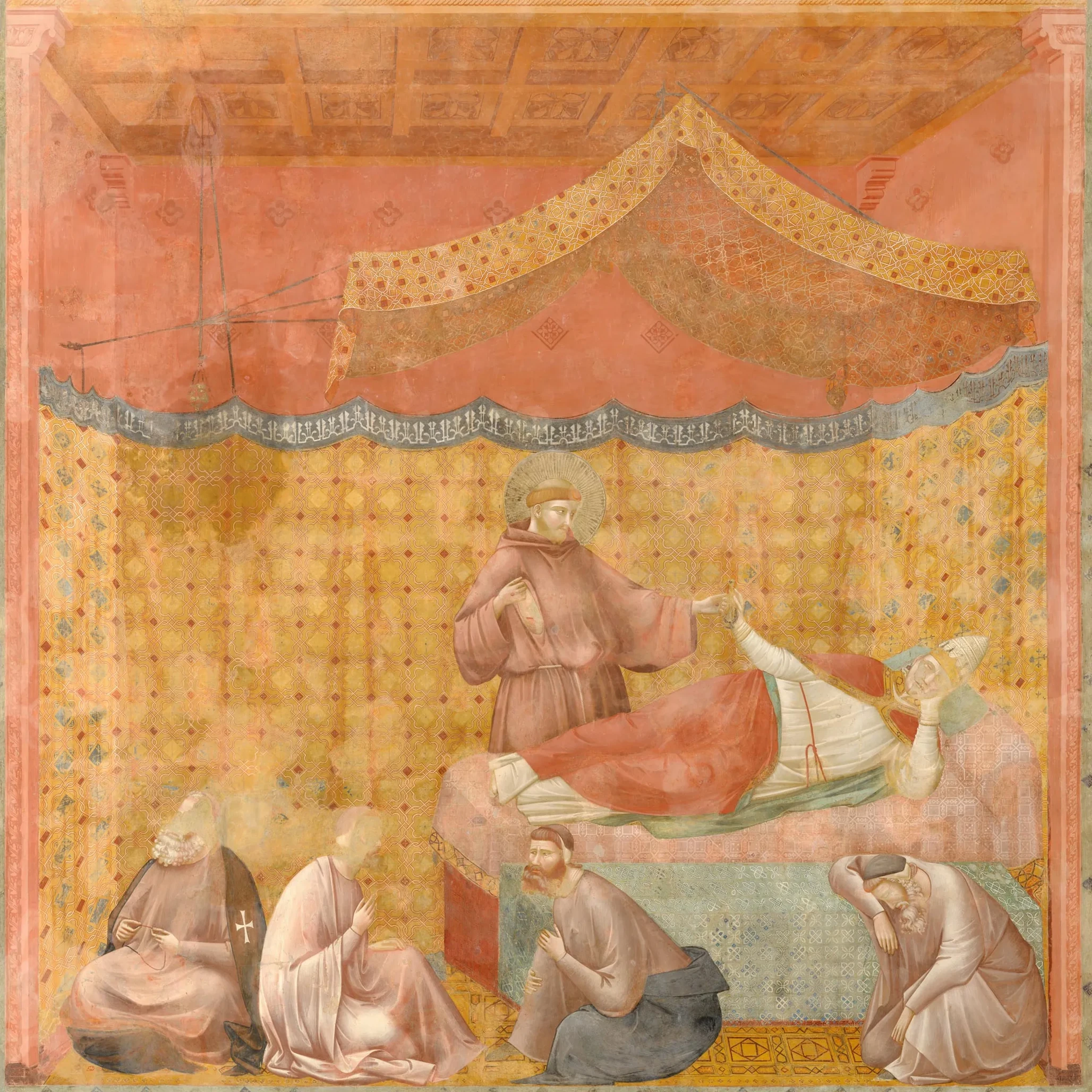 In the Apparition to Gregory IX, the pope’s bed is enclosed by a canopy and patterned curtains.