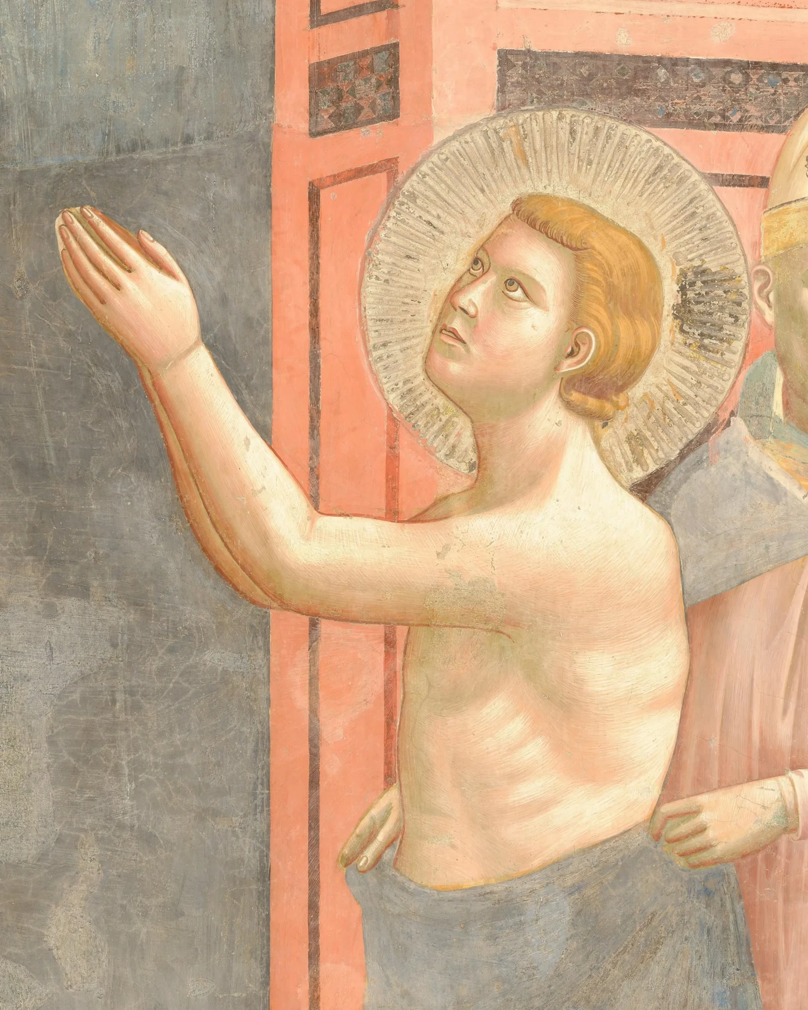 Bare-chested Francis raises his joined hands in the Renunciation of Worldly Goods.