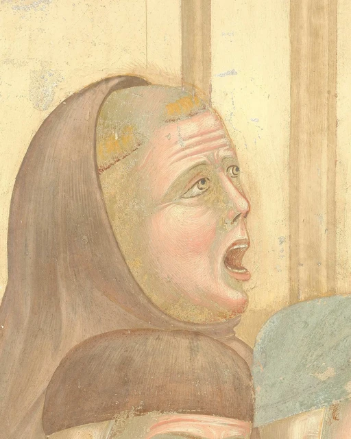 A hooded friar raises his face and opens his mouth in song at Greccio.