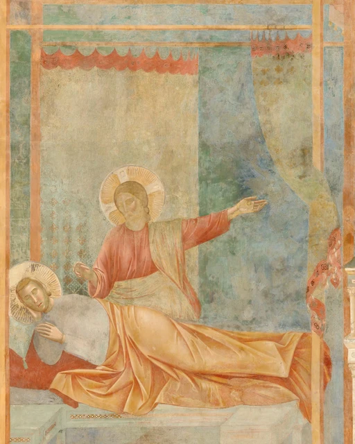 In the Dream of the Palace, Francis lies beneath a striped cover while a figure points to the right.