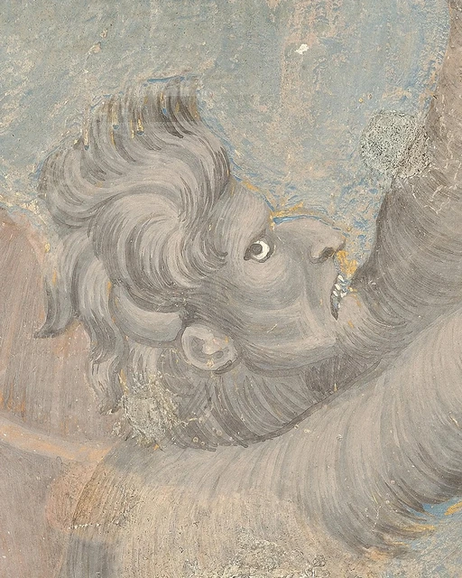 Profile of a grey demon with flame-like hair and bared teeth in the Expulsion of the Demons from Arezzo.