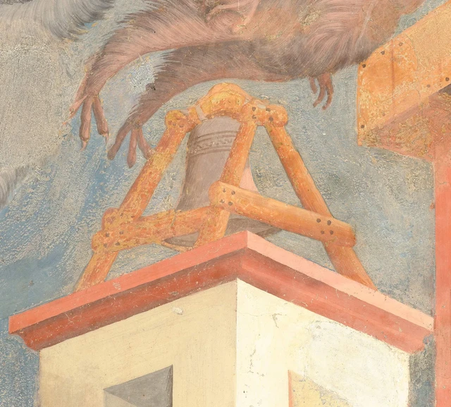 A bell suspended from a wooden frame above a roof in the painted view of Arezzo.