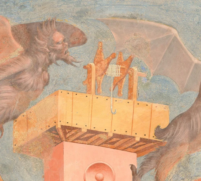 A wooden platform around the top of a tower in the Expulsion of the Demons from Arezzo.